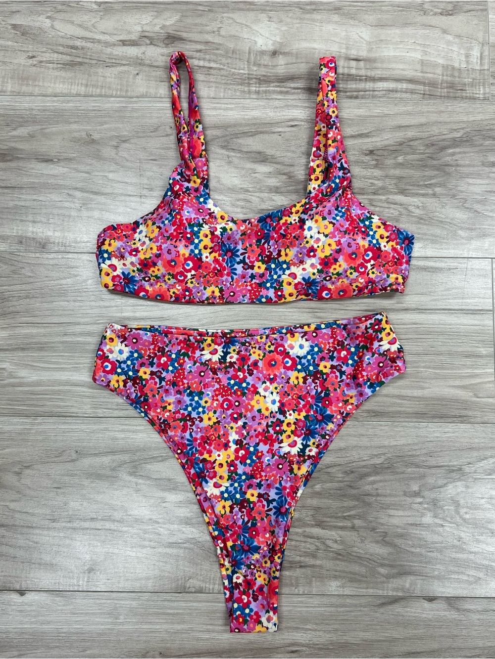 Pink Floral High Rise Bikini Set Swimsuit Size L